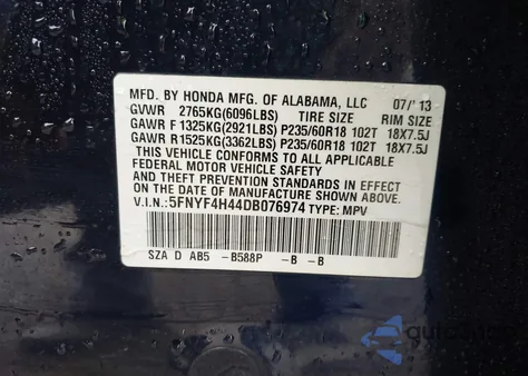 2013 Honda Pilot Ex из США, поврежденный, VIN 5FNYF4H44DB076974